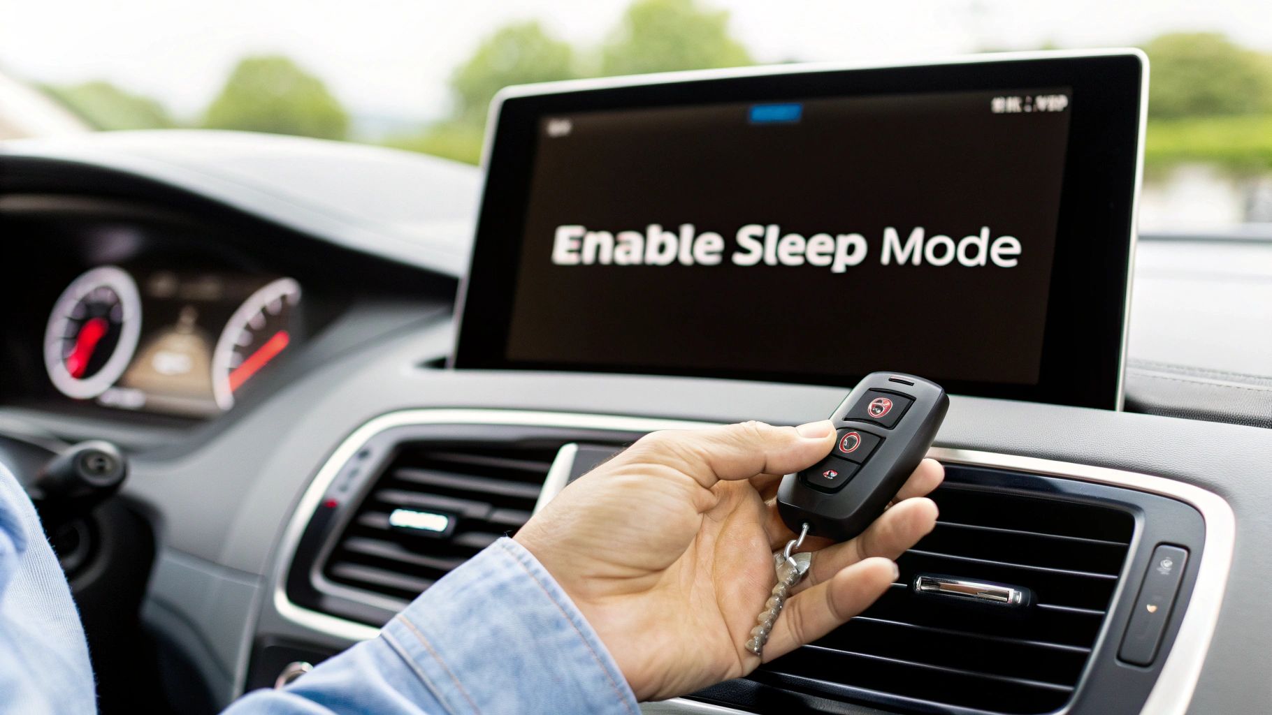 A hand holds a car key fob in front of a dashboard screen displaying 'Enable Sleep Mode'.