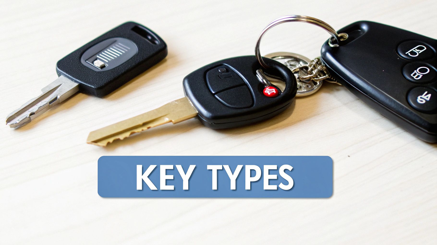 Various car keys, including a flip key and remote fobs, displayed with 'KEY TYPES' text.