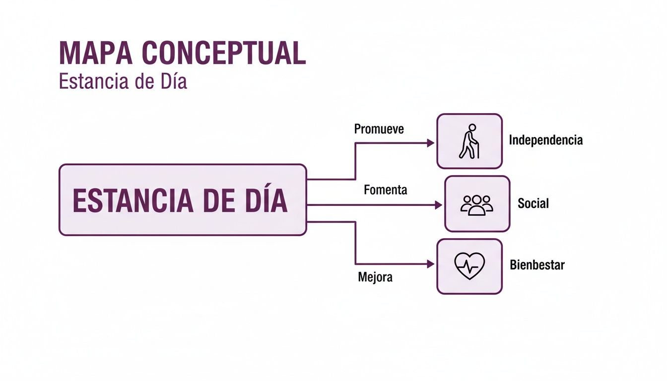 Mapa conceptual que ilustra los beneficios de una Estancia de Día: promueve independencia, fomenta lo social y mejora el bienestar.