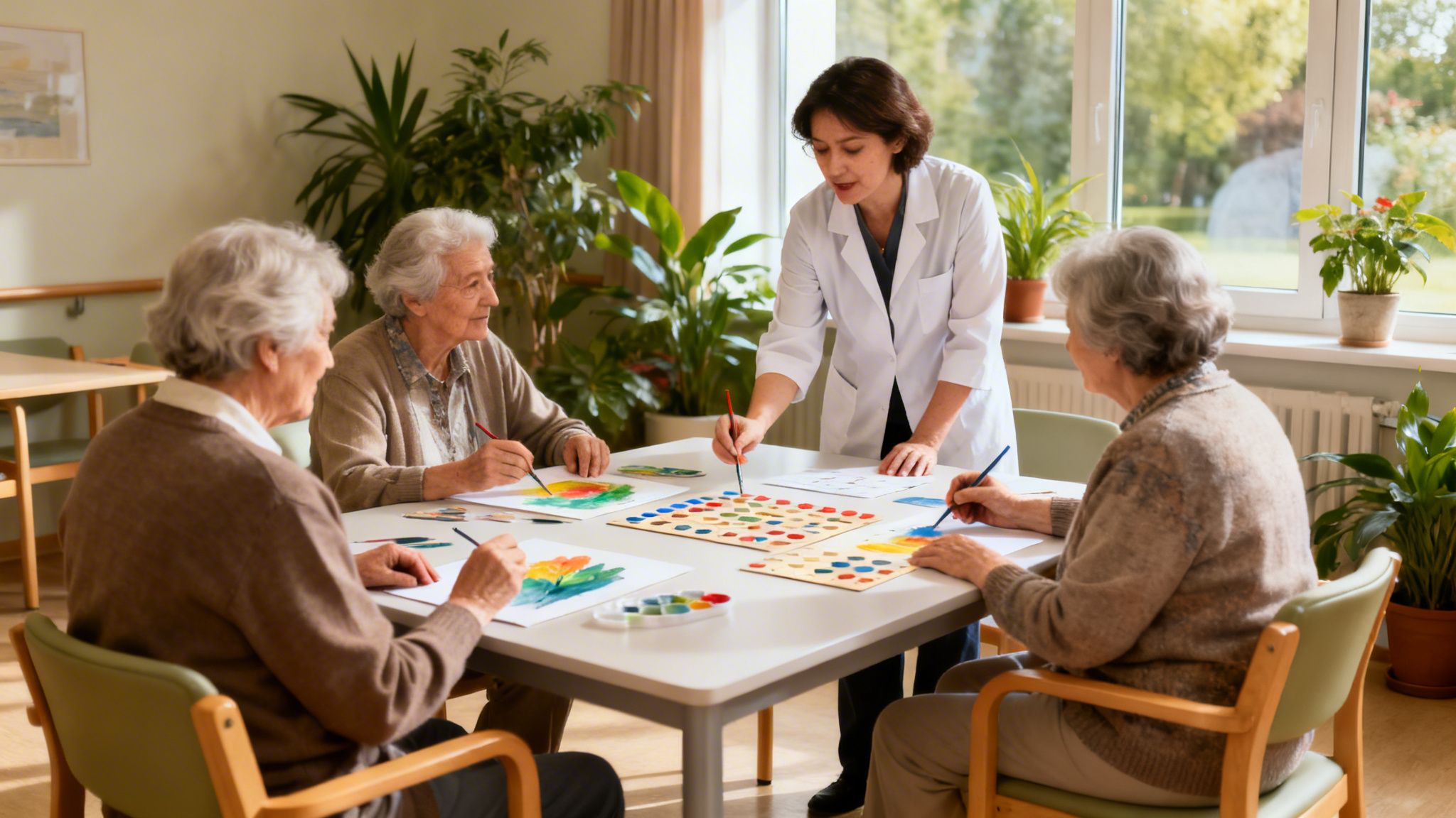 Mujeres mayores pintando y disfrutando de una actividad artística con una cuidadora en una estancia de adultos mayores.