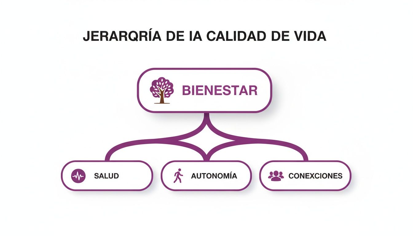 Diagrama jerárquico de la calidad de vida, mostrando bienestar, salud, autonomía y conexiones como pilares esenciales.