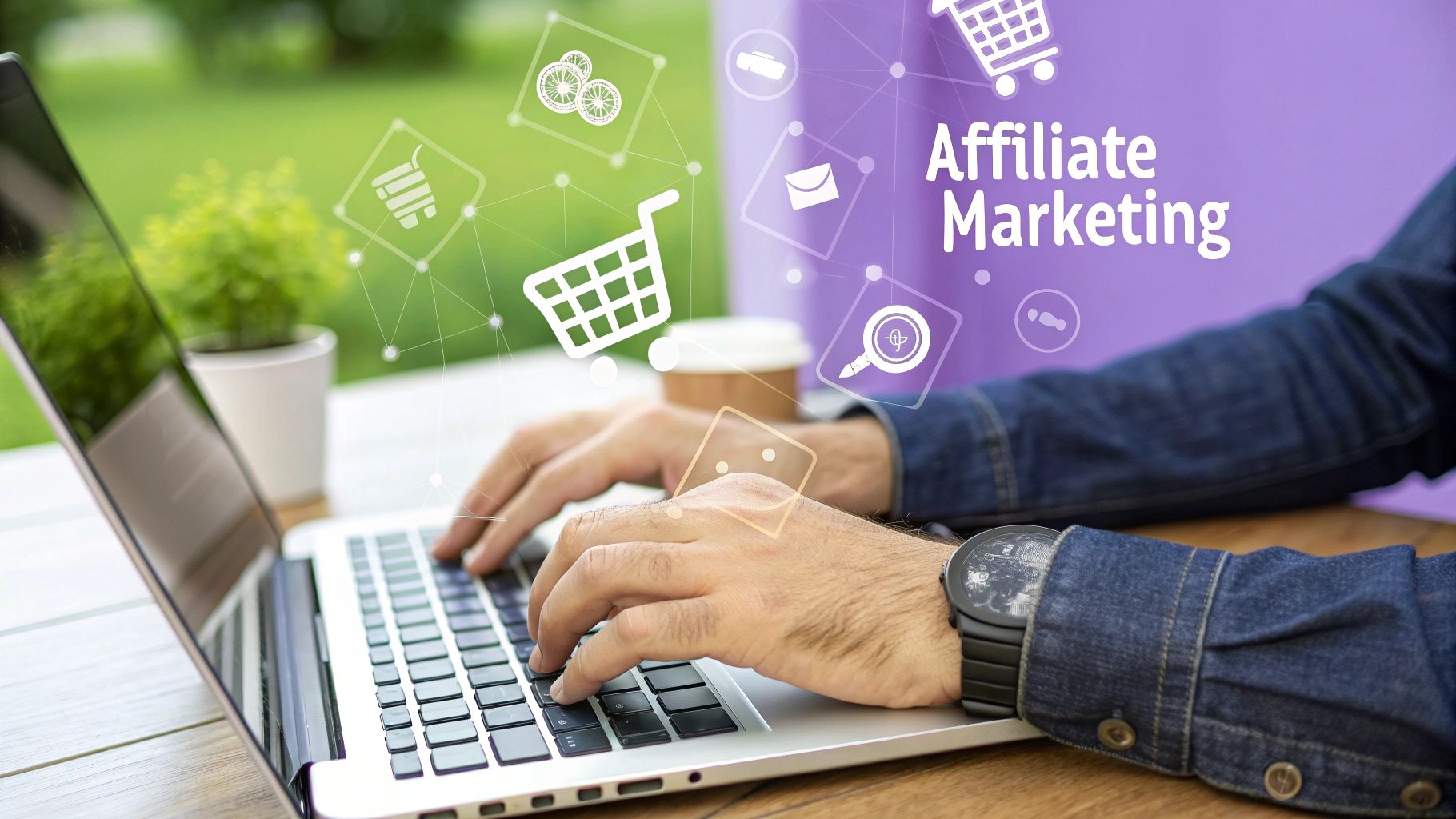 An influencer's hand holding a smartphone displaying affiliate marketing products for a blog post.