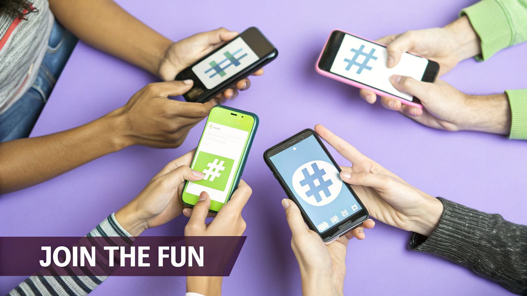 People participating in a social media contest, holding phones and creating content