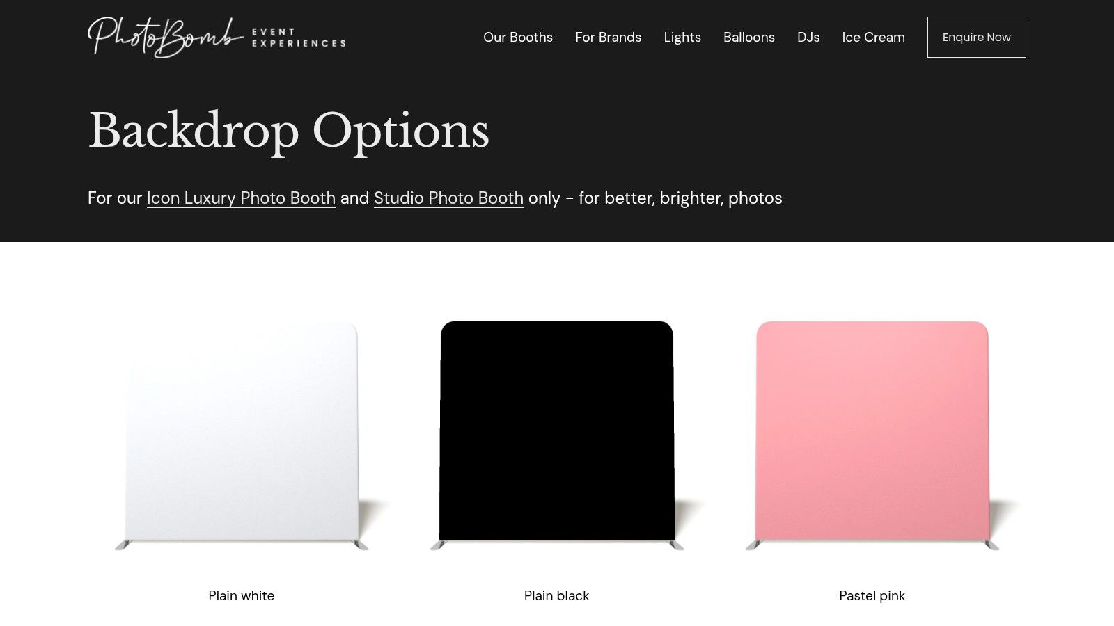 A grid showing various backdrop options from Photobomb, including glittery, sequin, and patterned designs.