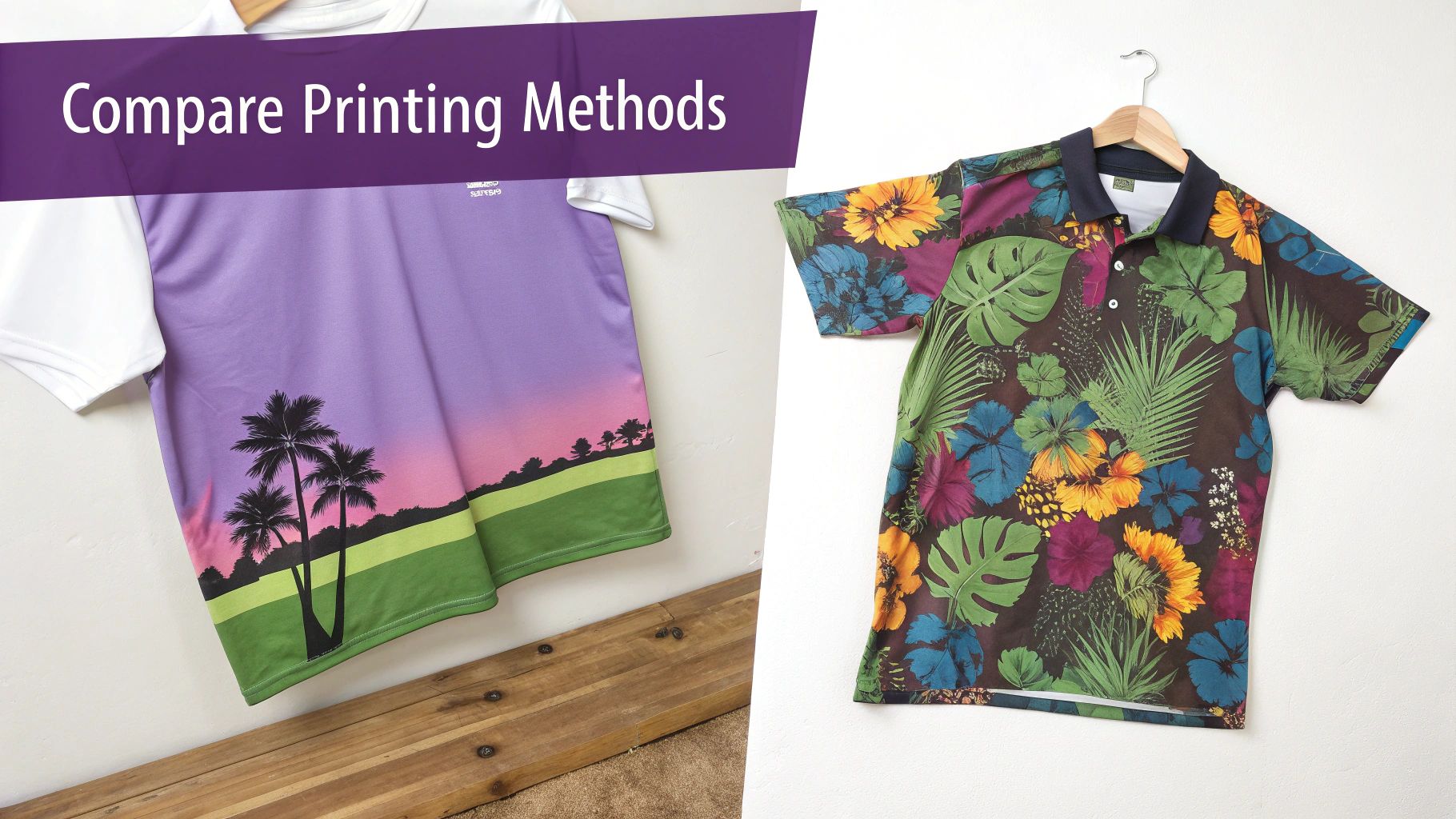 Image comparing two vibrant sublimated shirts, one with a landscape and one with a floral pattern.