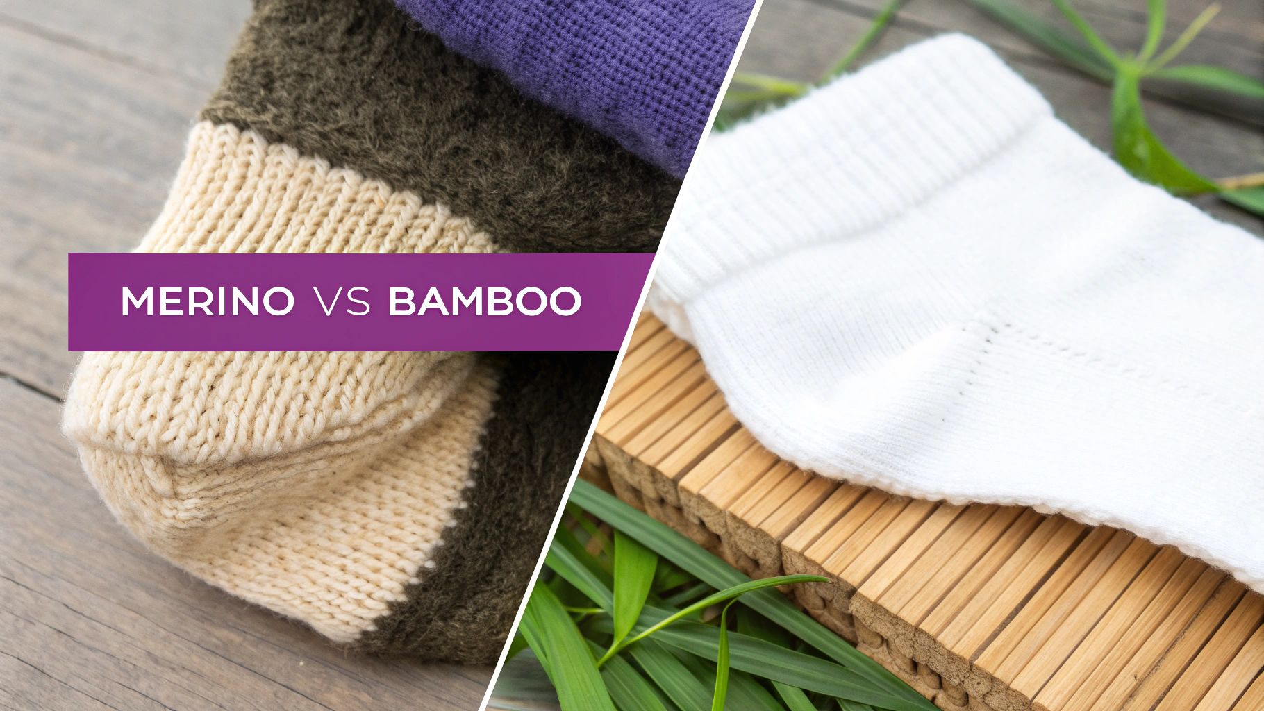 A close-up of merino wool and bamboo sock fibers, highlighting their textures.
