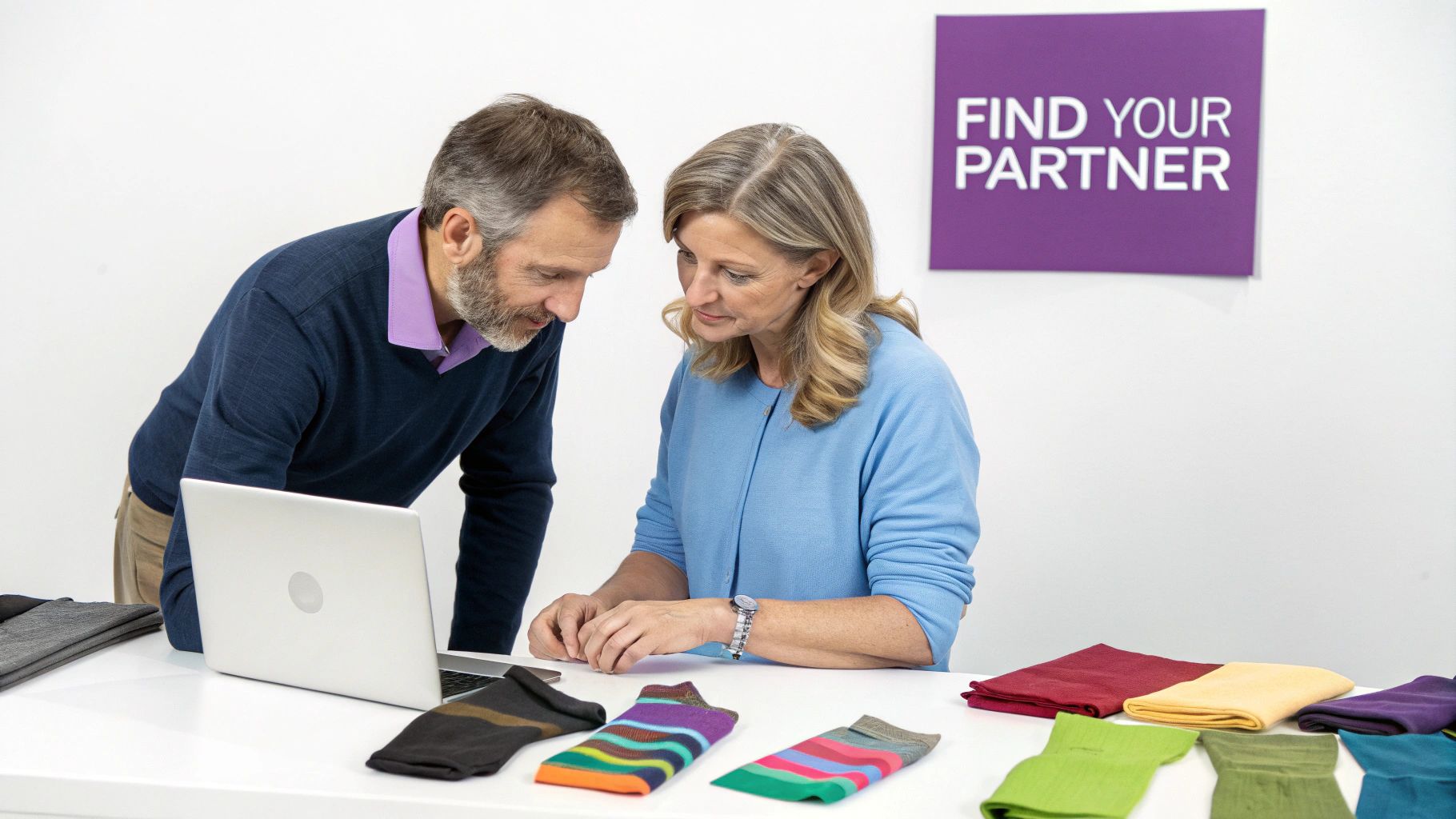 Two people collaborating at a desk, looking at a laptop surrounded by colorful socks.