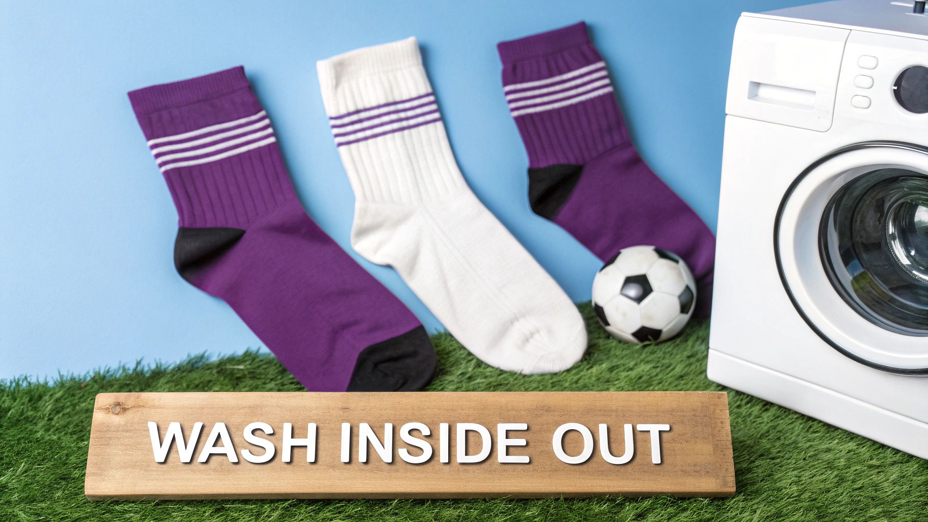 Socks for Soccer: Elevate Your Team's Performance with Custom Options | Custom Sock Shop Purple and white athletic socks, a soccer ball, and a washing machine on grass, with a 'wash inside out' sign.