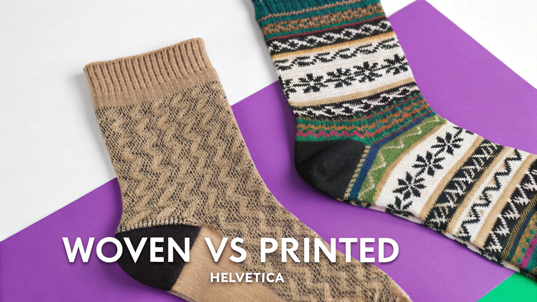 Two patterned socks, one beige and one colorful with fair isle design, on a purple and white background.