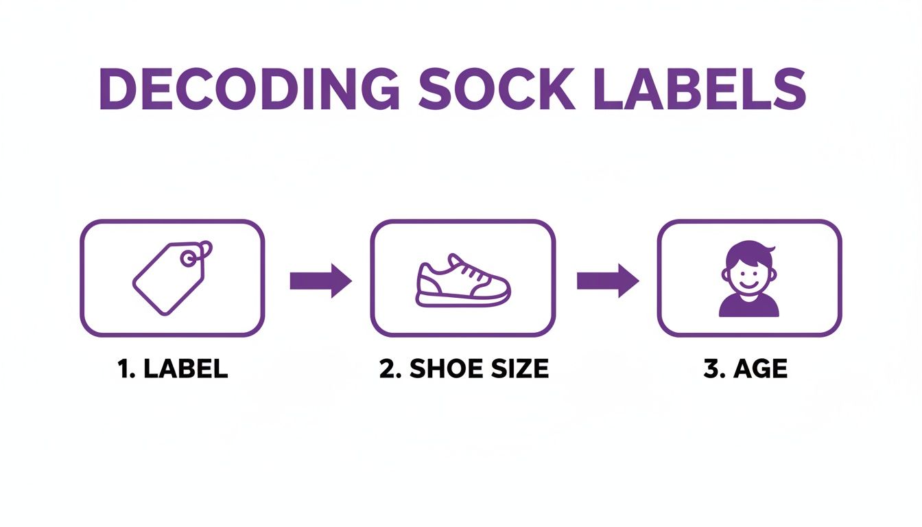 The Definitive Guide to Youth Sock Sizes and Sizing Charts | Custom Sock Shop Diagram showing how to decode sock labels by understanding the label, shoe size, and age.