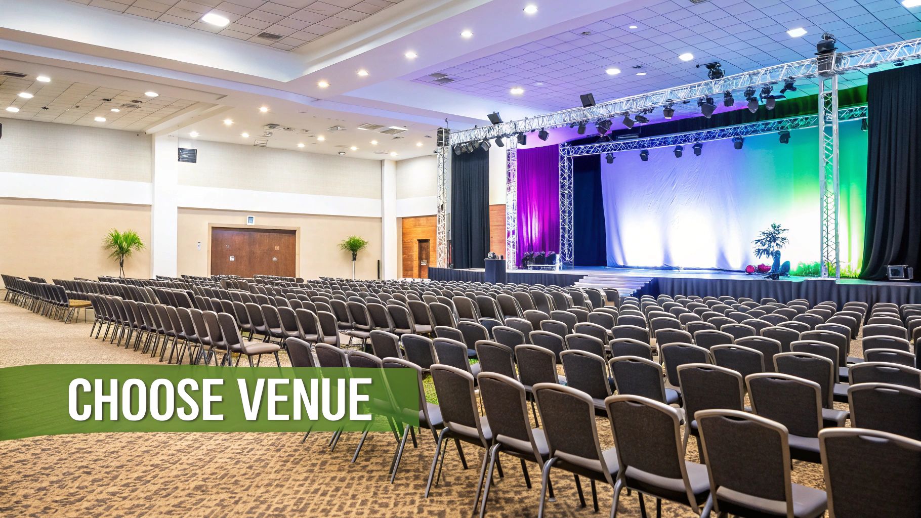 A modern corporate event venue with set tables and AV equipment, ready for attendees.