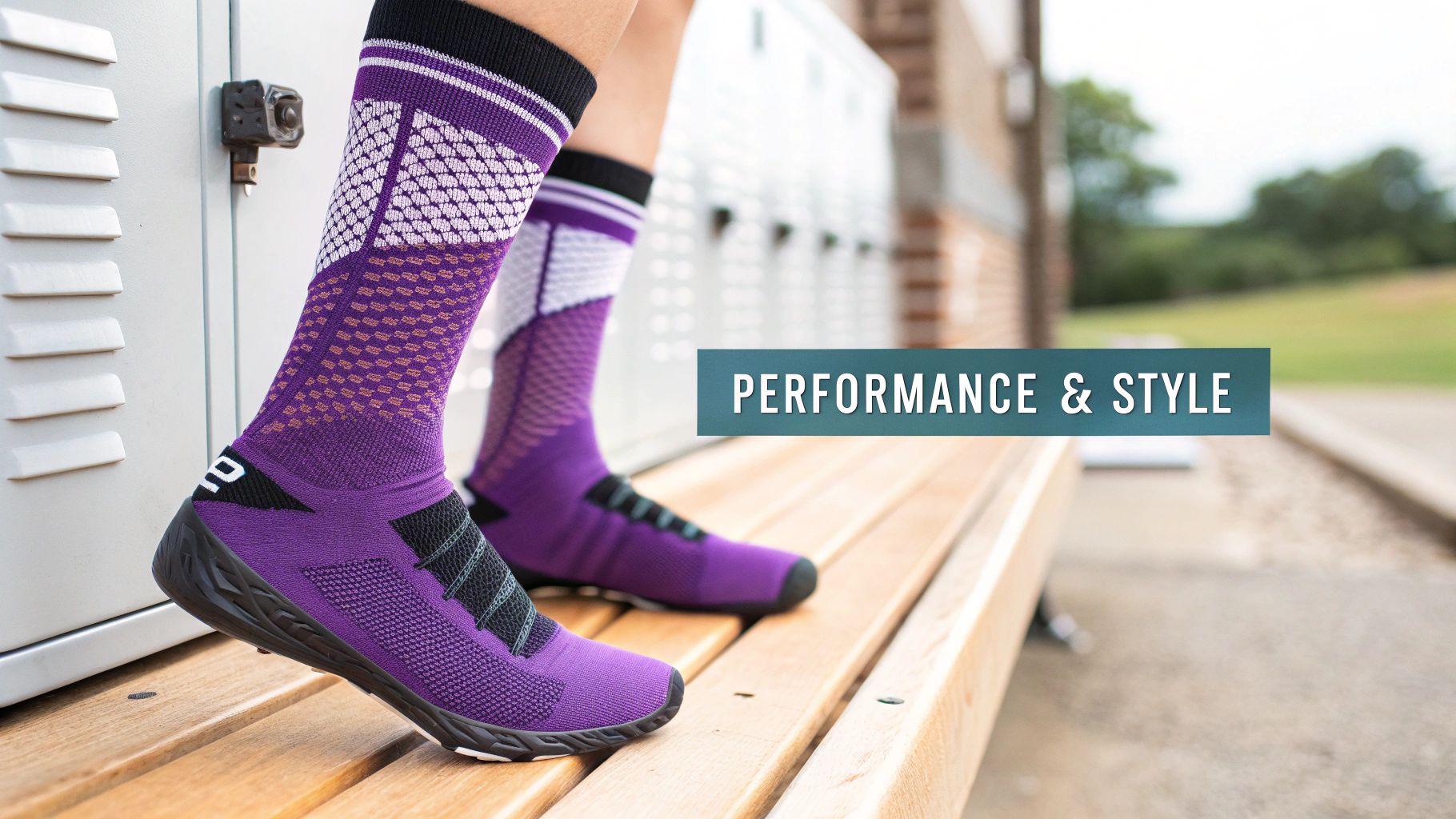 A pair of black and white personalized athletic socks with a logo, folded neatly.