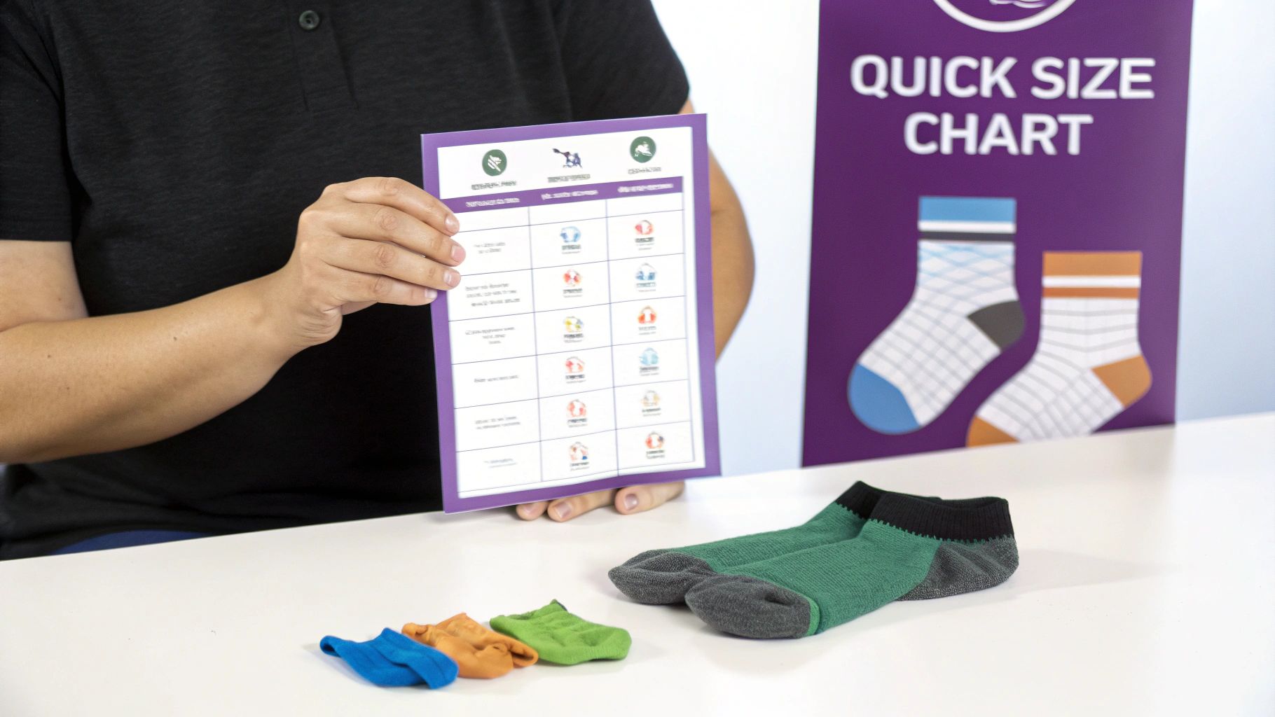 The Definitive Guide to Youth Sock Sizes and Sizing Charts | Custom Sock Shop A person holds a sock size chart, while small colorful socks and a 'Quick Size Chart' poster are on a table.