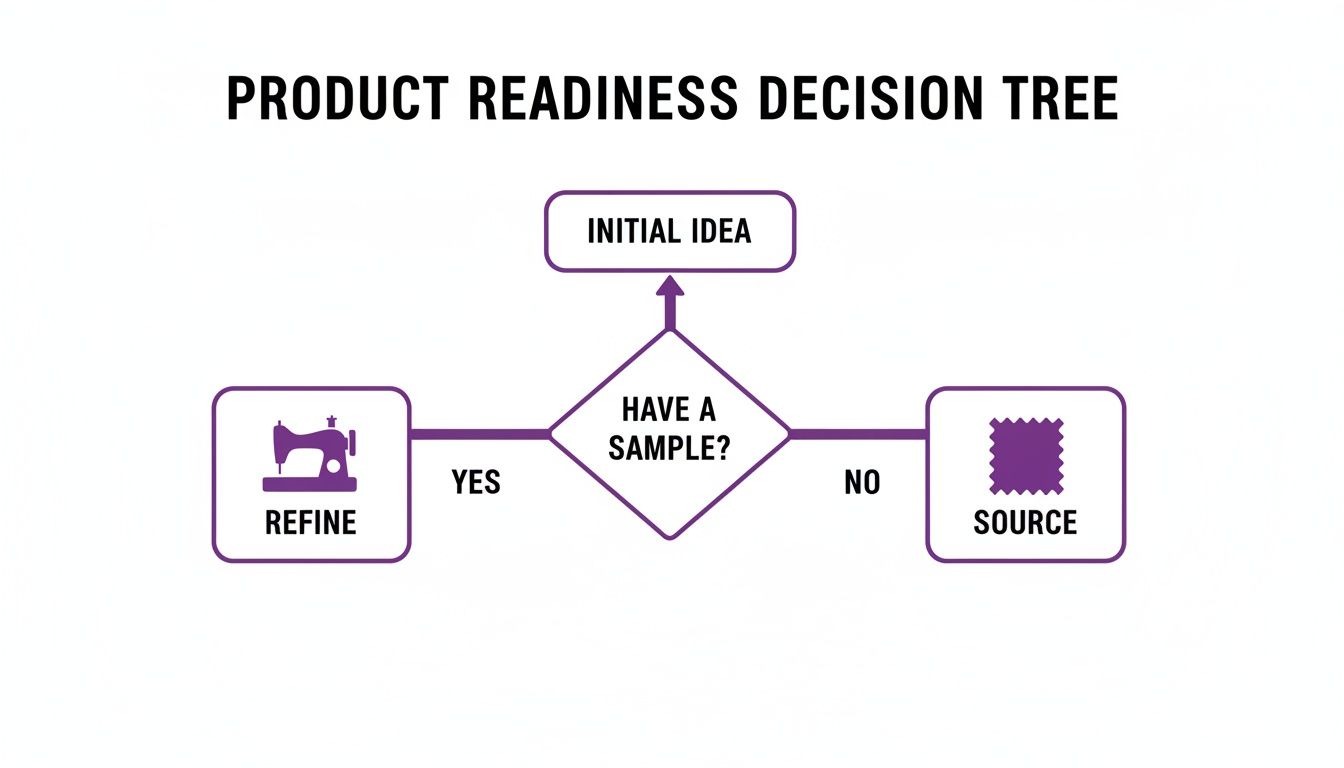 How to Start a Clothing Brand With No Experience | Custom Sock Shop A product readiness decision tree flowchart for a clothing brand, showing initial idea, sample decision, refine, and source steps.