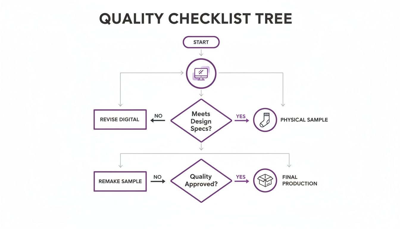 A quality checklist tree flowchart outlining the process from digital design to final production.