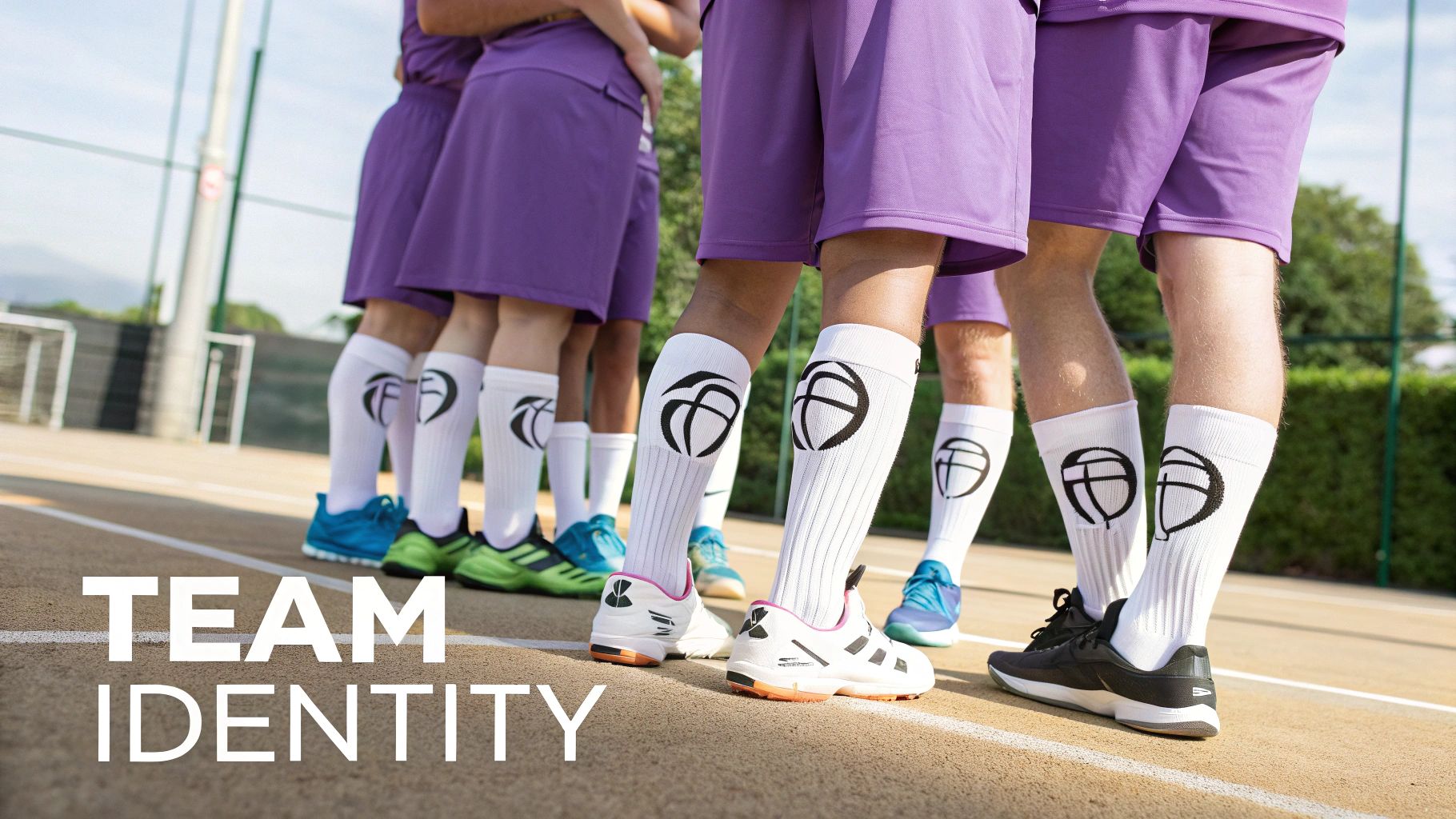A sports team wearing purple shorts and skirts, with white knee-high socks featuring a basketball logo.