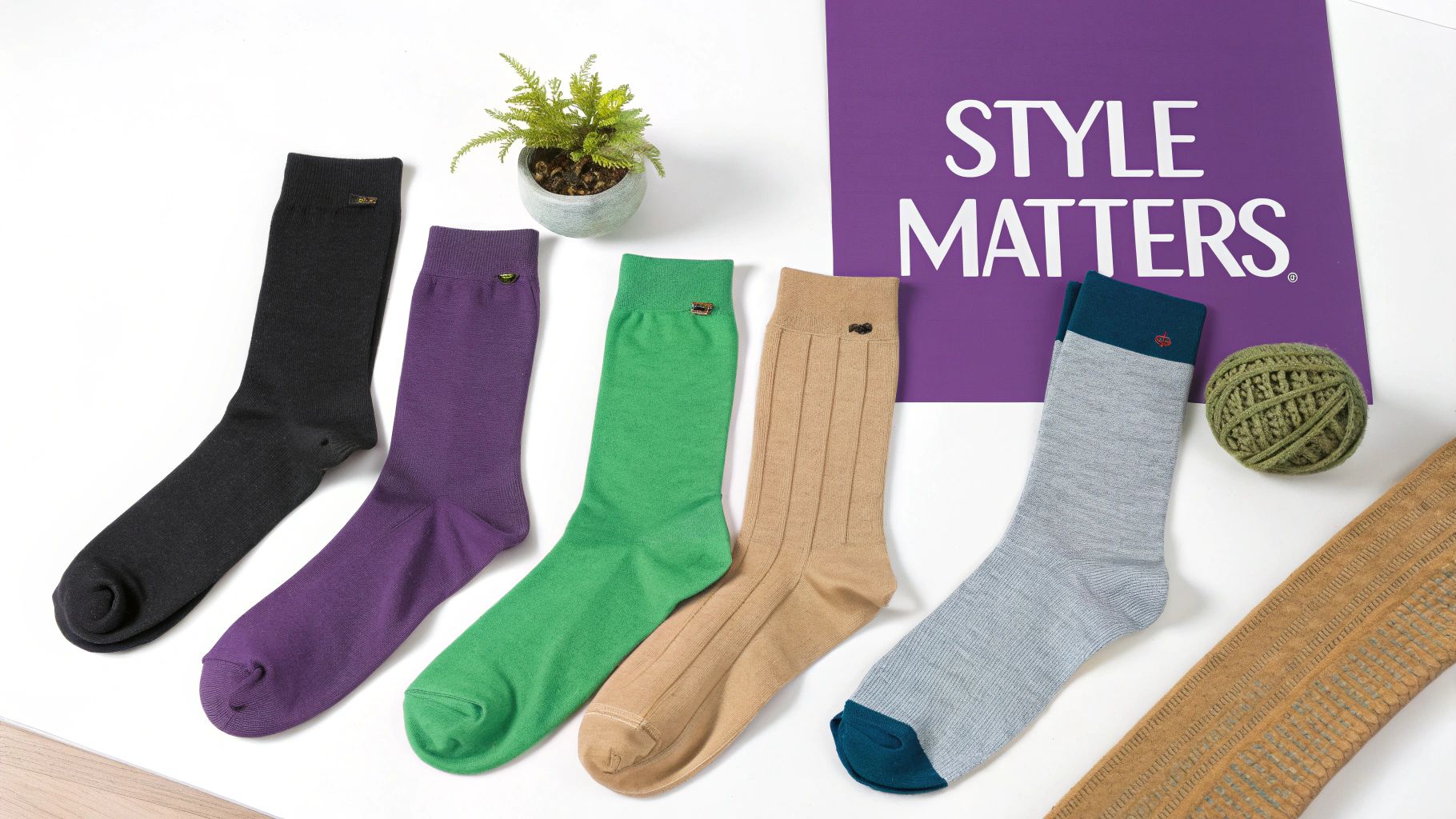 The Ultimate Guide to Mens Sock Lengths | Custom Sock Shop Five vibrant men's socks in black, purple, green, tan, and grey, with a 'STYLE MATTERS' sign.