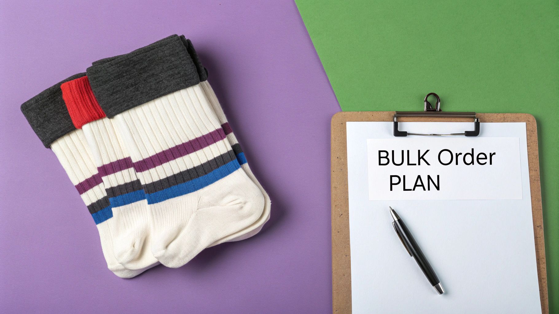 The Definitive Guide to Youth Sock Sizes and Sizing Charts | Custom Sock Shop Striped socks on a purple background next to a 'BULK Order PLAN' on a clipboard with a pen.