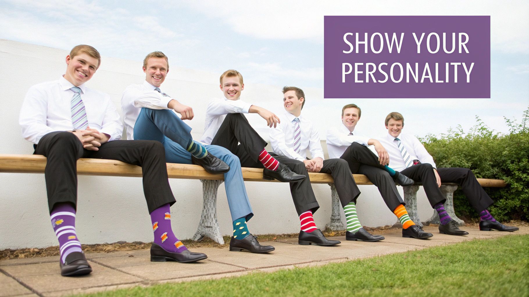 Groom and groomsmen showing off their patterned wedding mens socks