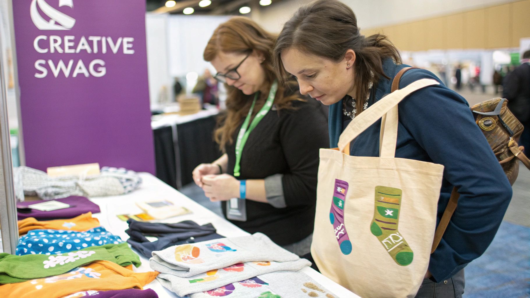 A collection of colorful and appealing conference giveaways including custom socks, water bottles, and tote bags.