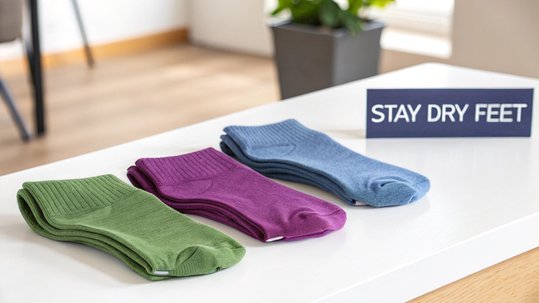 A collection of colorful socks made from various moisture-wicking materials like merino wool and synthetics.