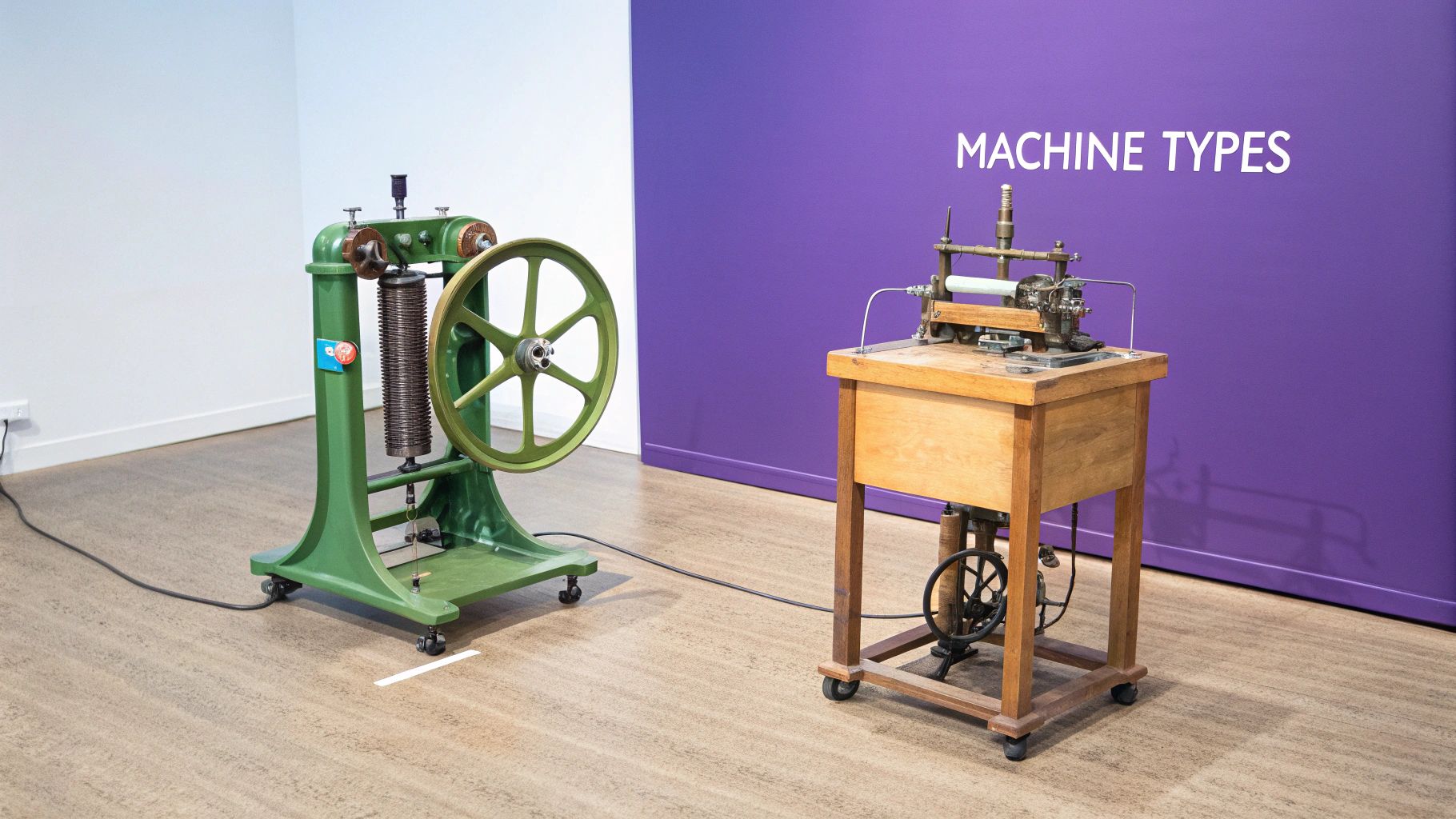 Two antique machines, one green with a large wheel, the other on a wooden table, in an exhibition titled 'MACHINE TYPES'.