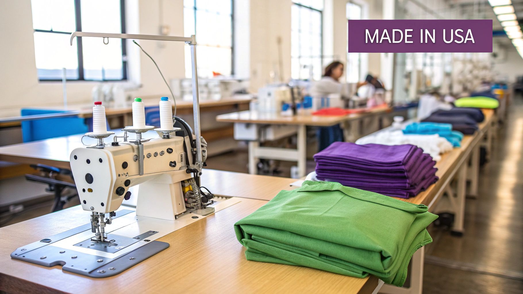 Finding Custom Apparel Manufacturers USA | Custom Sock Shop A worker operating a sewing machine in a US apparel manufacturing facility, showcasing the domestic production process.