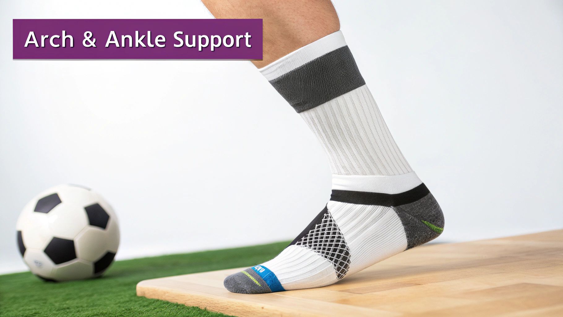 Socks for Soccer: Elevate Your Team's Performance with Custom Options | Custom Sock Shop Close-up of a foot in a white athletic sock with arch and ankle support, near a soccer ball.