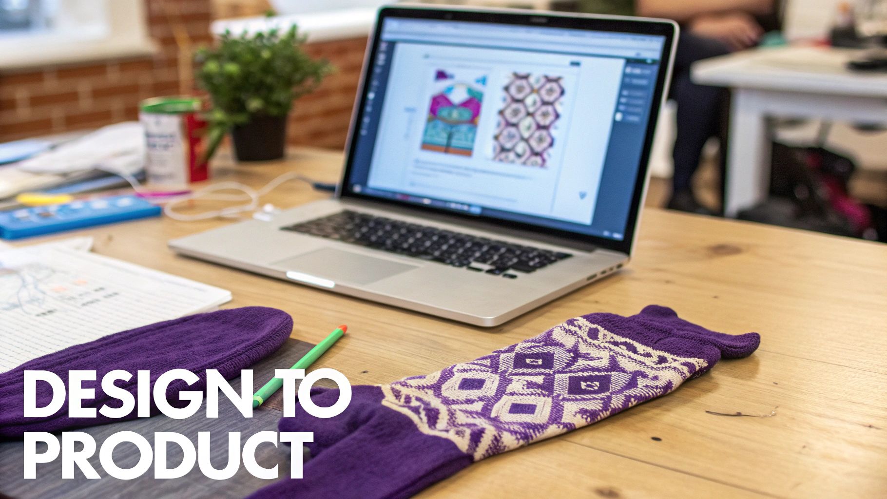 Colorful threads being woven into custom athletic socks on a machine.