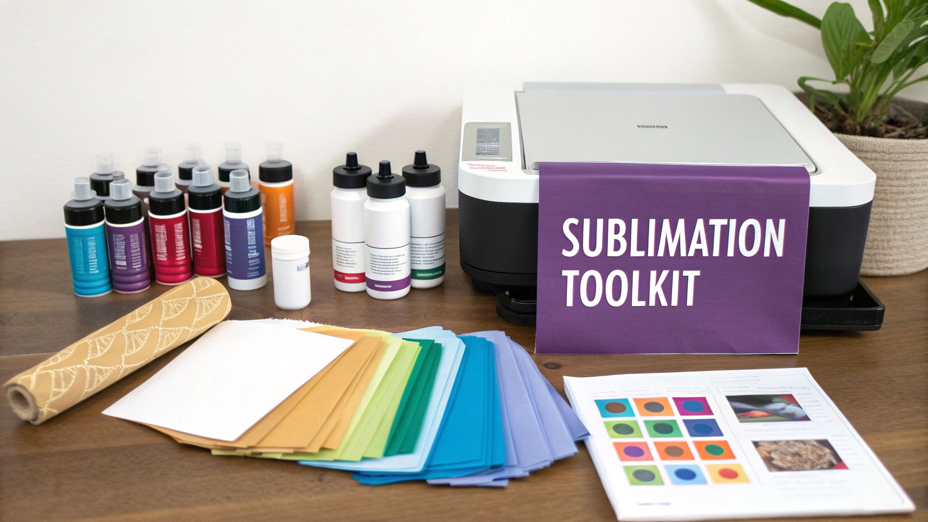 A sublimation toolkit displayed on a wooden table, including a printer, colorful inks, and materials.