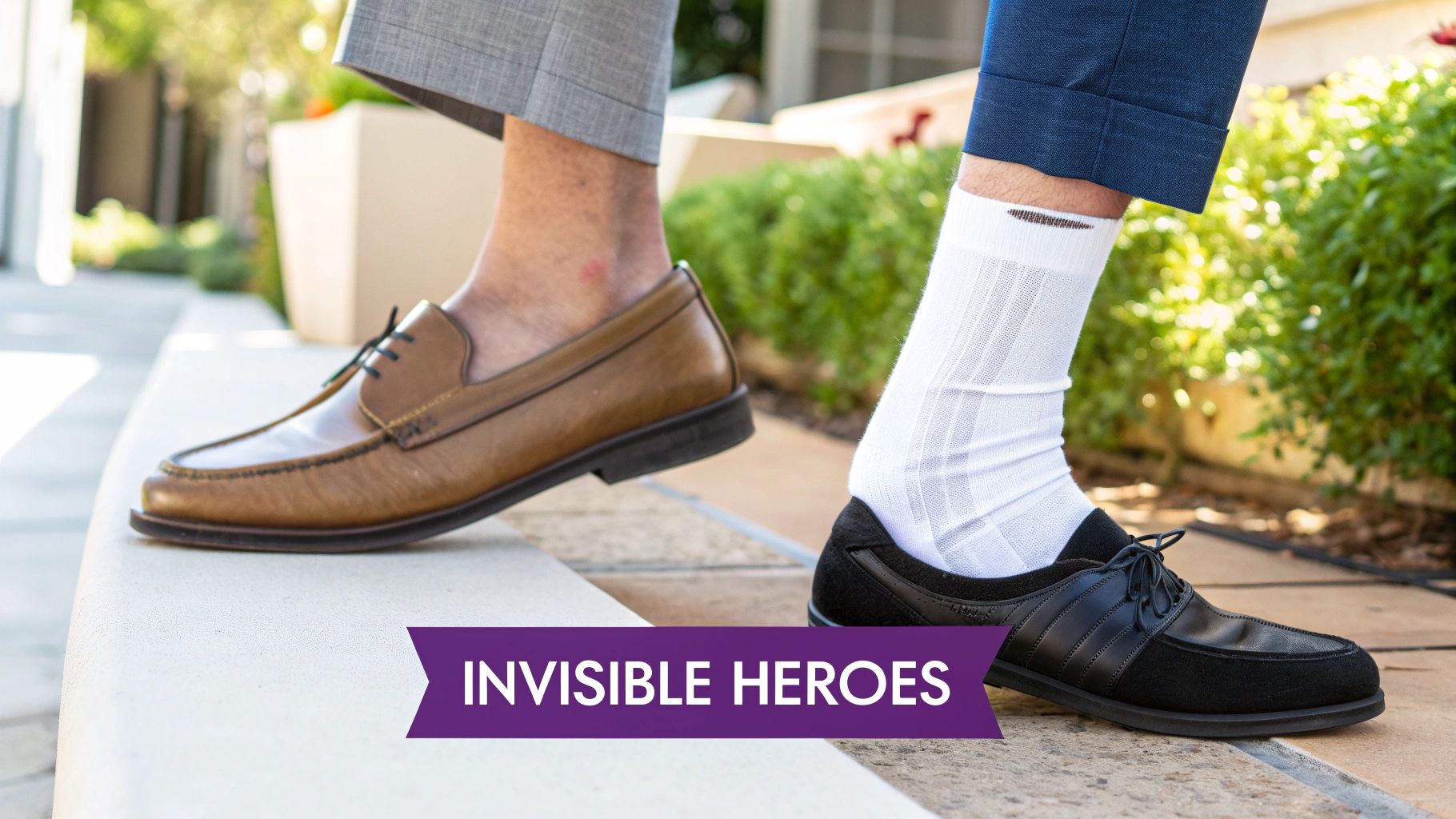 The Ultimate Guide to Mens Sock Lengths | Custom Sock Shop Two men's feet, one in brown loafers with an unseen sock, the other in black shoes and a white sock with a hole.