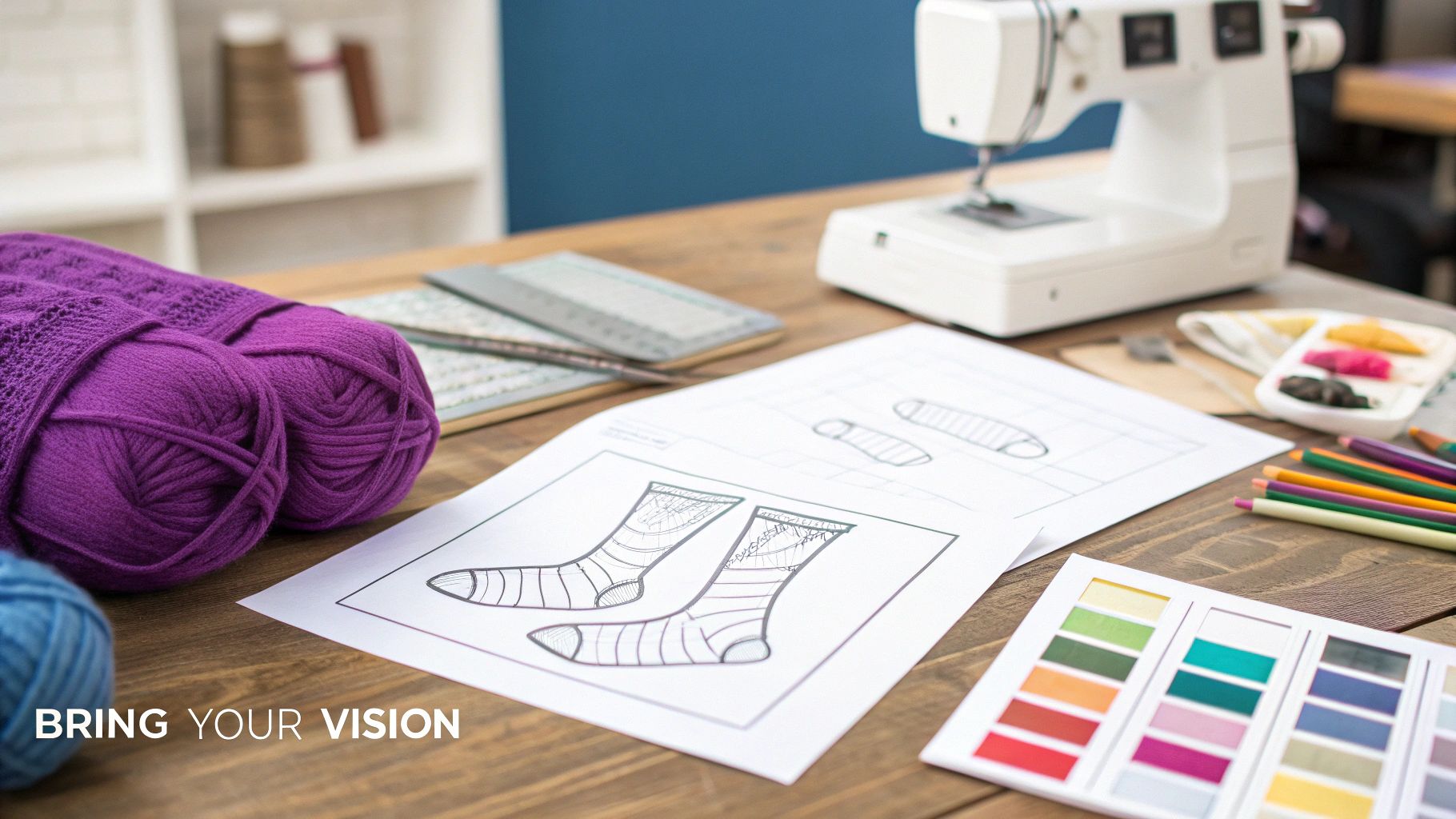 A crafting workspace featuring purple yarn, detailed sock designs, a sewing machine, and art supplies.