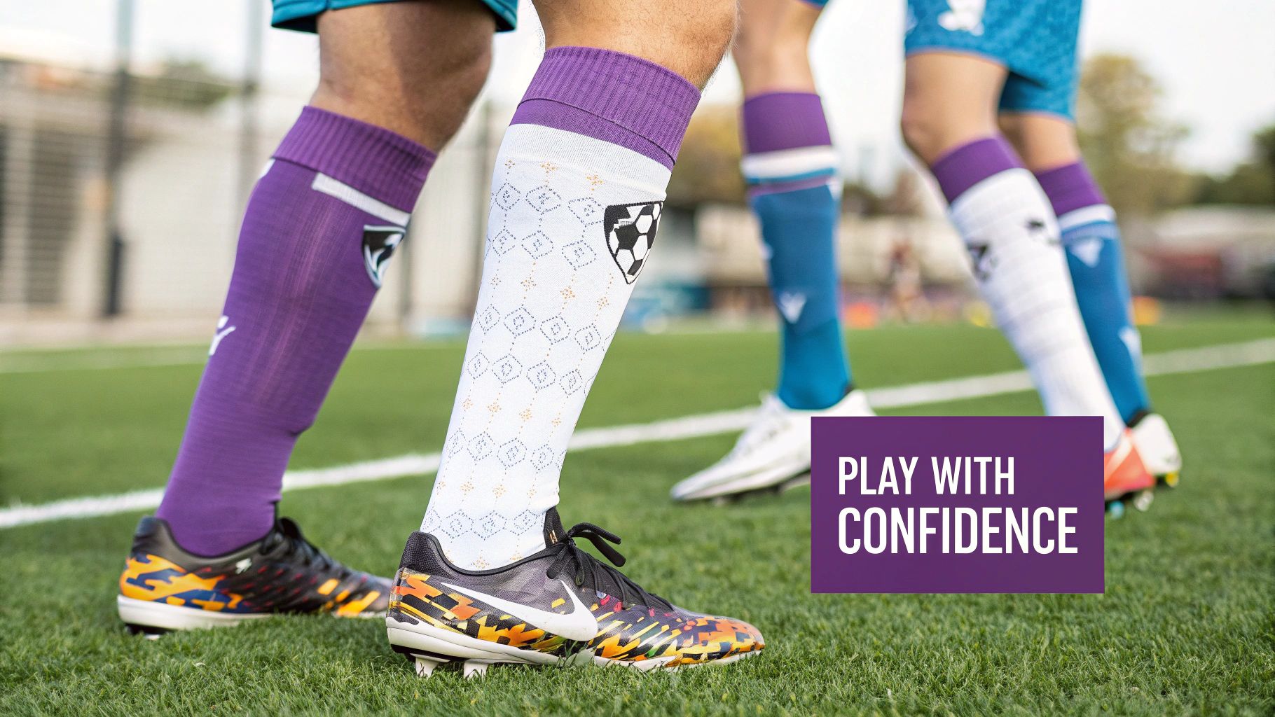Socks for Soccer: Elevate Your Team's Performance with Custom Options | Custom Sock Shop Soccer players showcase vibrant, patterned socks and colorful cleats on a green artificial turf field.