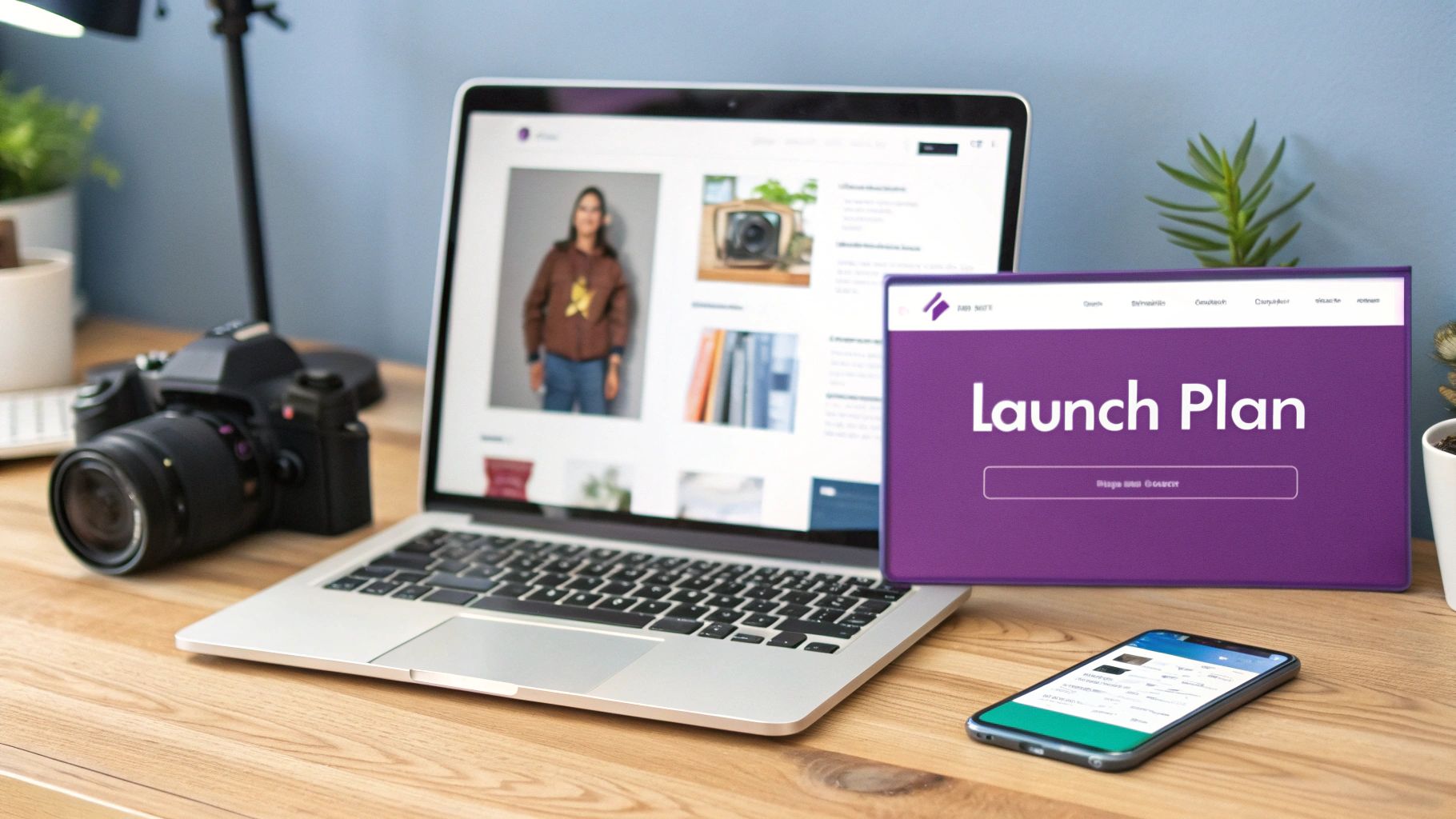 How to Start a Clothing Brand With No Experience | Custom Sock Shop A desk with a laptop displaying photos, a camera, a 'Launch Plan' screen, and a smartphone, suggesting creative work.