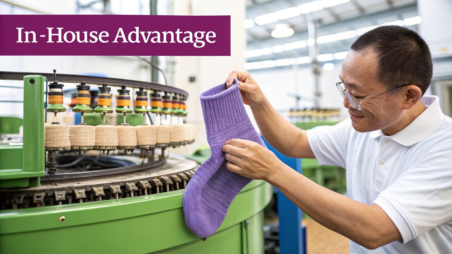 An Asian man inspects a purple sock fresh off a circular knitting machine in a factory.