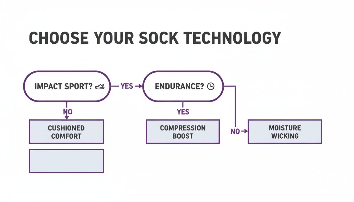 Flowchart for choosing sock technology: impact sport leads to endurance, compression boost, or moisture wicking.