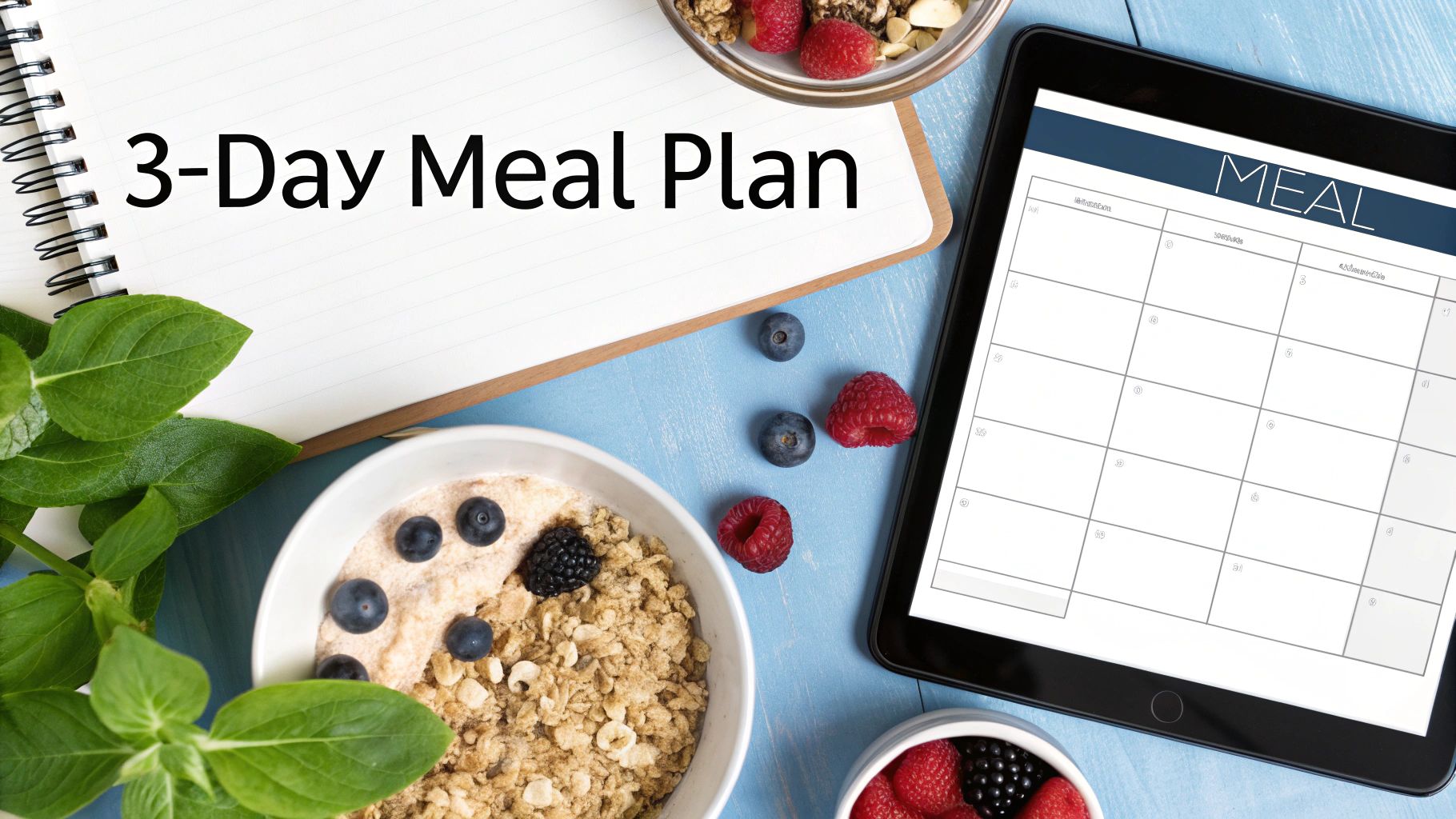 Overhead view of a '3-Day Meal Plan' notebook, tablet with meal calendar, and healthy berry oatmeal.