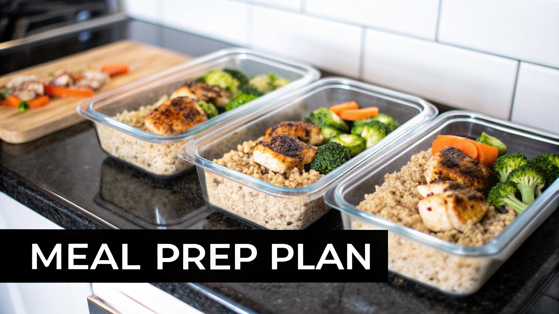 Three glass meal prep containers filled with cooked chicken, grains, broccoli, and carrots on a kitchen counter.