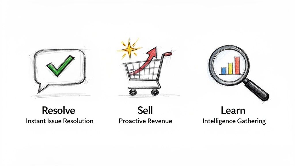 Three icons representing AI customer support functions: instant issue resolution, proactive revenue, and intelligence gathering.