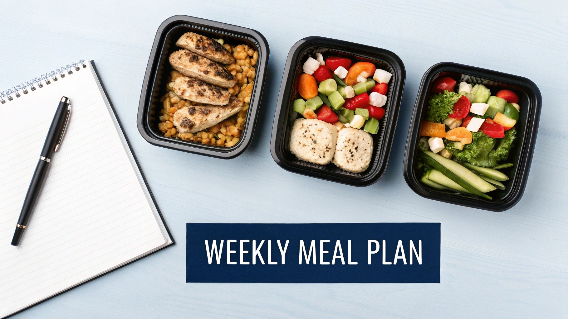 Three meal prep containers with healthy food, a notebook, and a pen, with 'WEEKLY MEAL PLAN' banner.