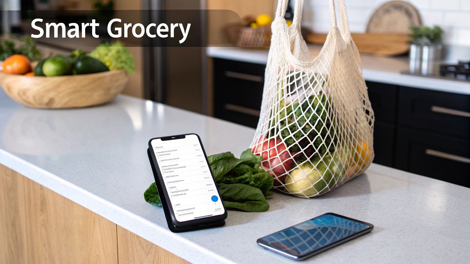A smartphone on a kitchen counter displays a grocery list next to a net bag of fresh produce.