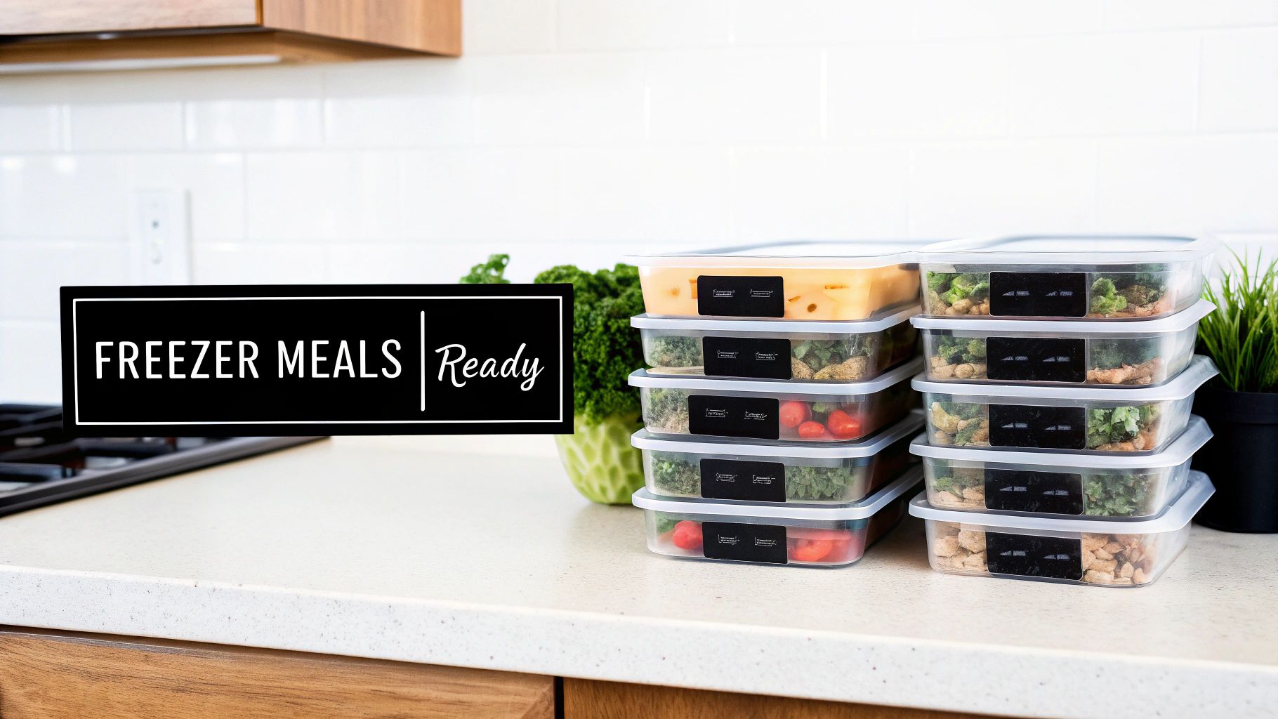Stacks of clear meal prep containers filled with various foods on a kitchen counter, labeled 'Freezer Meals Ready'.