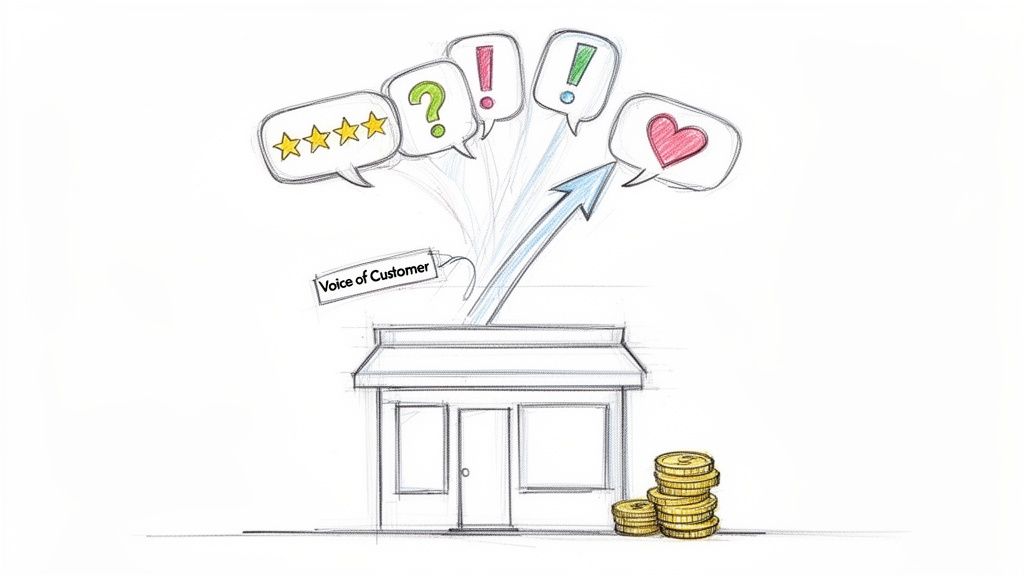 Hand-drawn image showing customer feedback, questions, and reviews driving business improvement and profits.