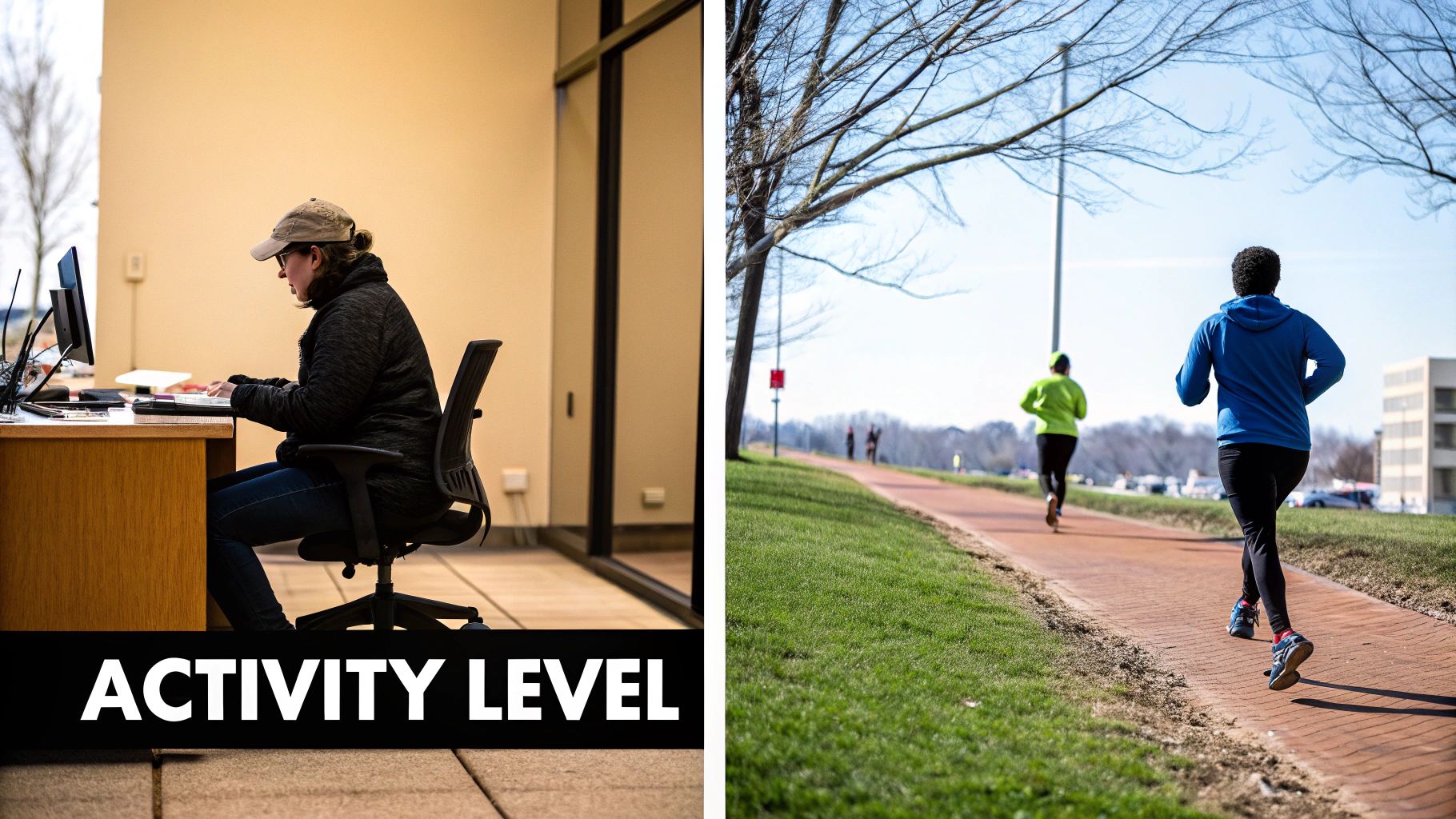 Split image comparing a person working at a desk with two people running outdoors, illustrating activity levels.
