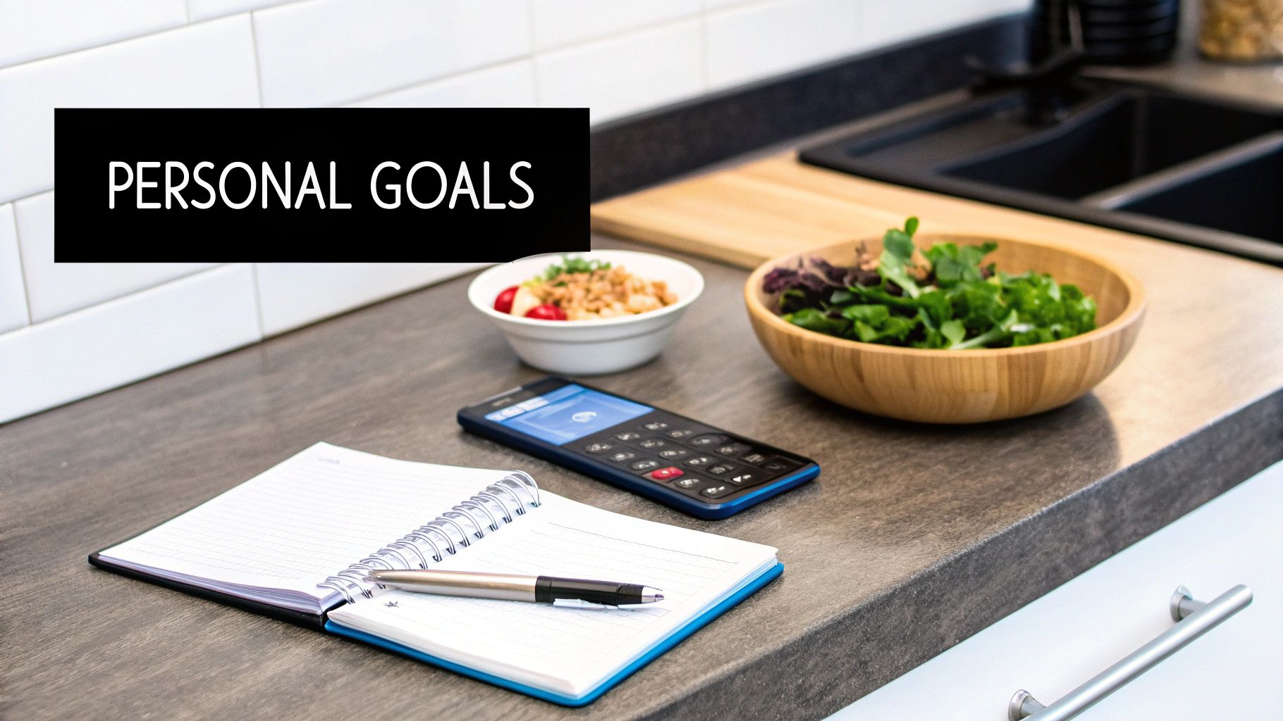 A kitchen counter with a notebook, pen, calculator, and bowls of healthy food, emphasizing personal goals.