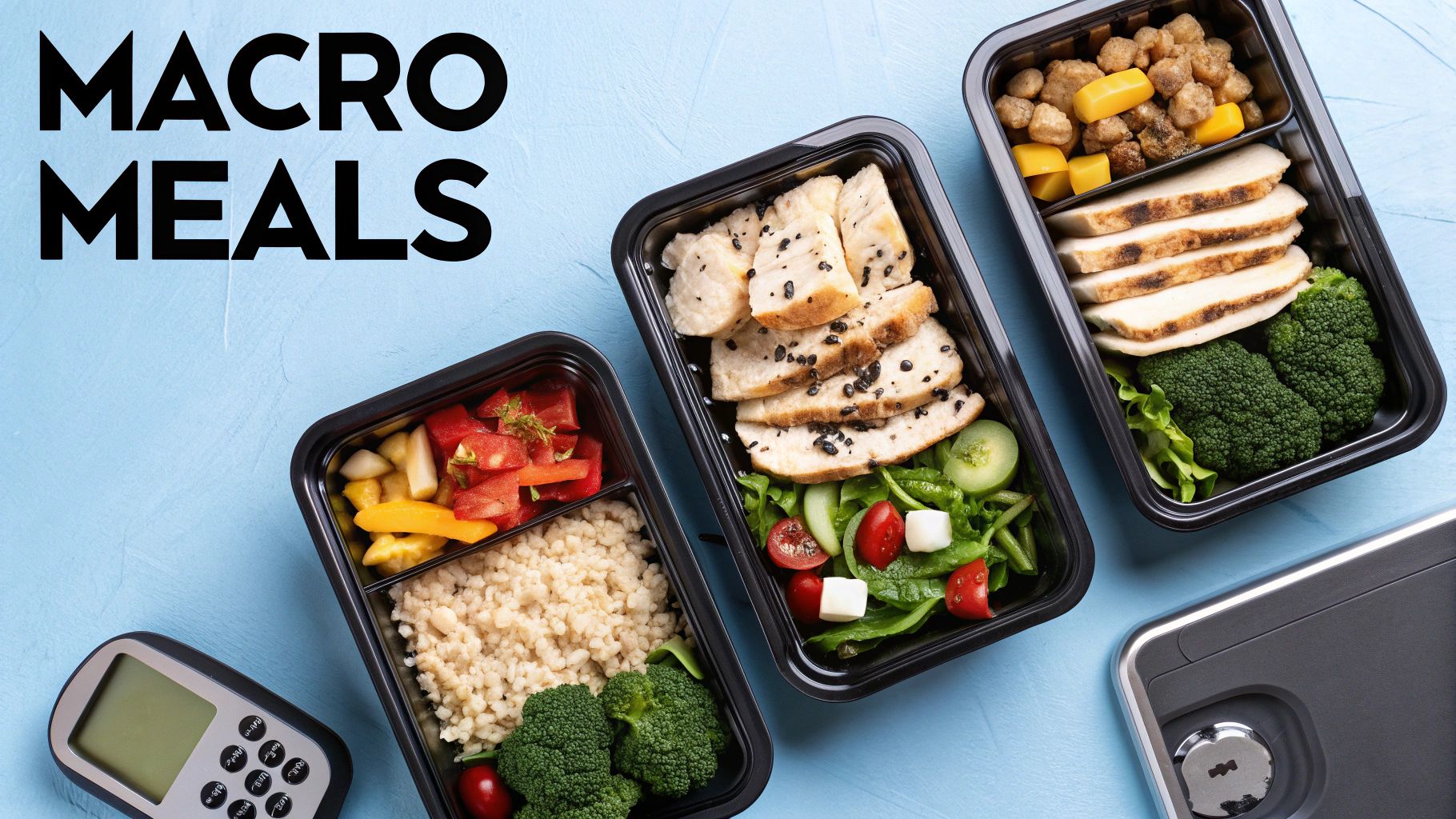 Three macro-friendly meal prep containers with chicken, rice, vegetables, and salads on a blue background.