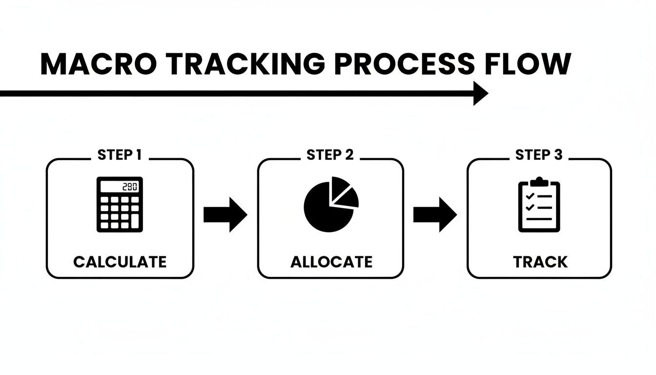 A simple diagram illustrating the three-step macro tracking process: calculate, allocate, and track.