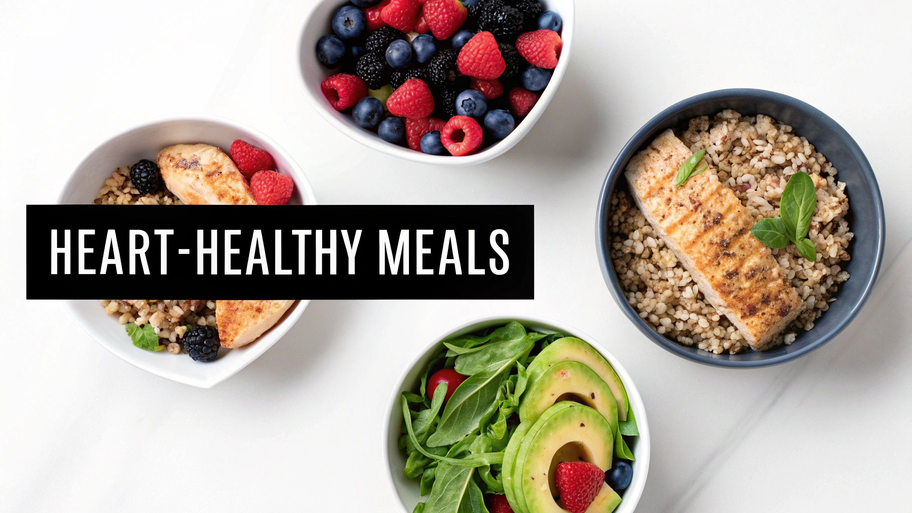 Overhead view of four bowls of heart-healthy meals including chicken, salmon, berries, and avocado salad.