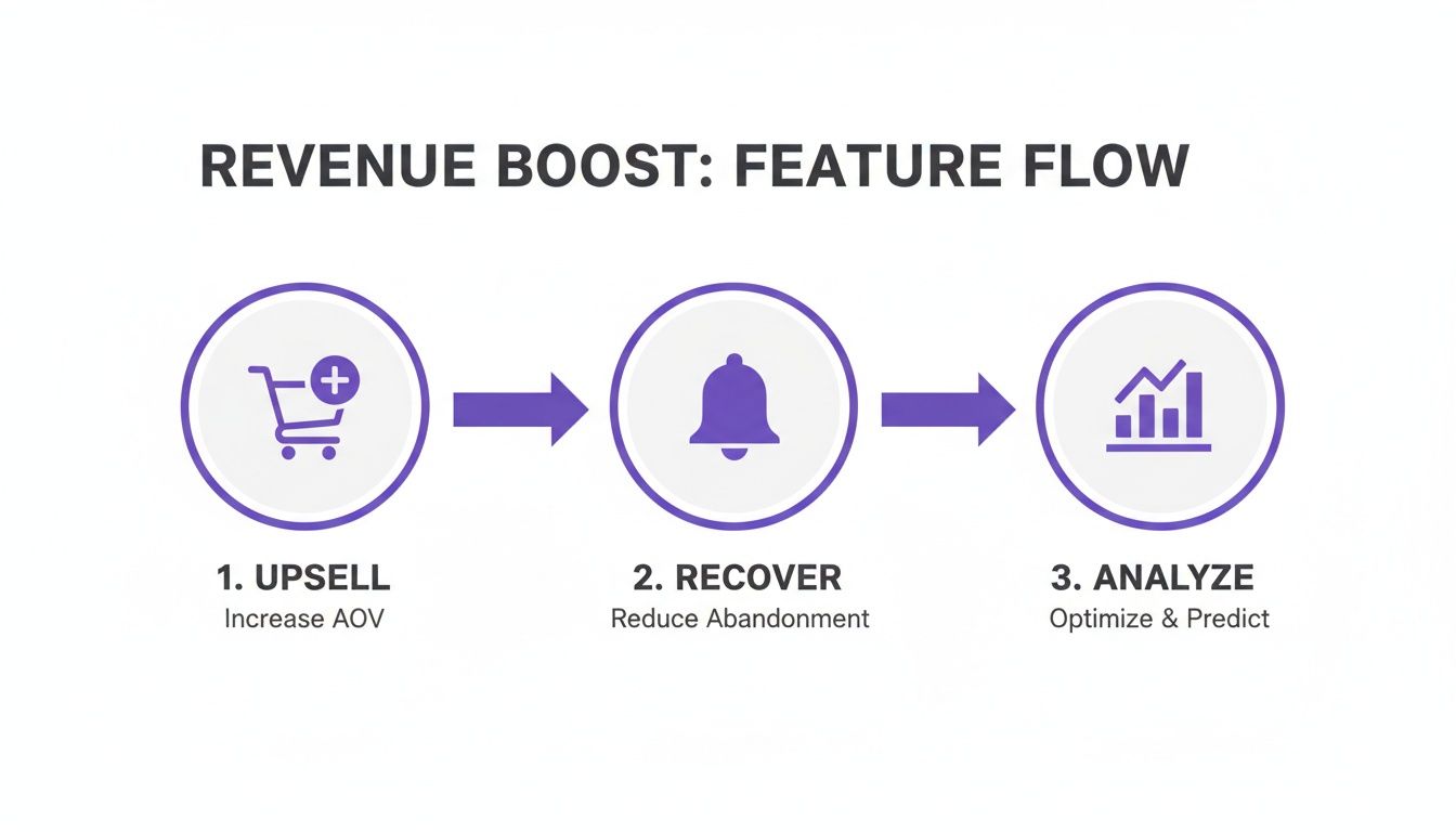 Diagram showing a 3-step revenue boost feature flow: Upsell, Recover, and Analyze.