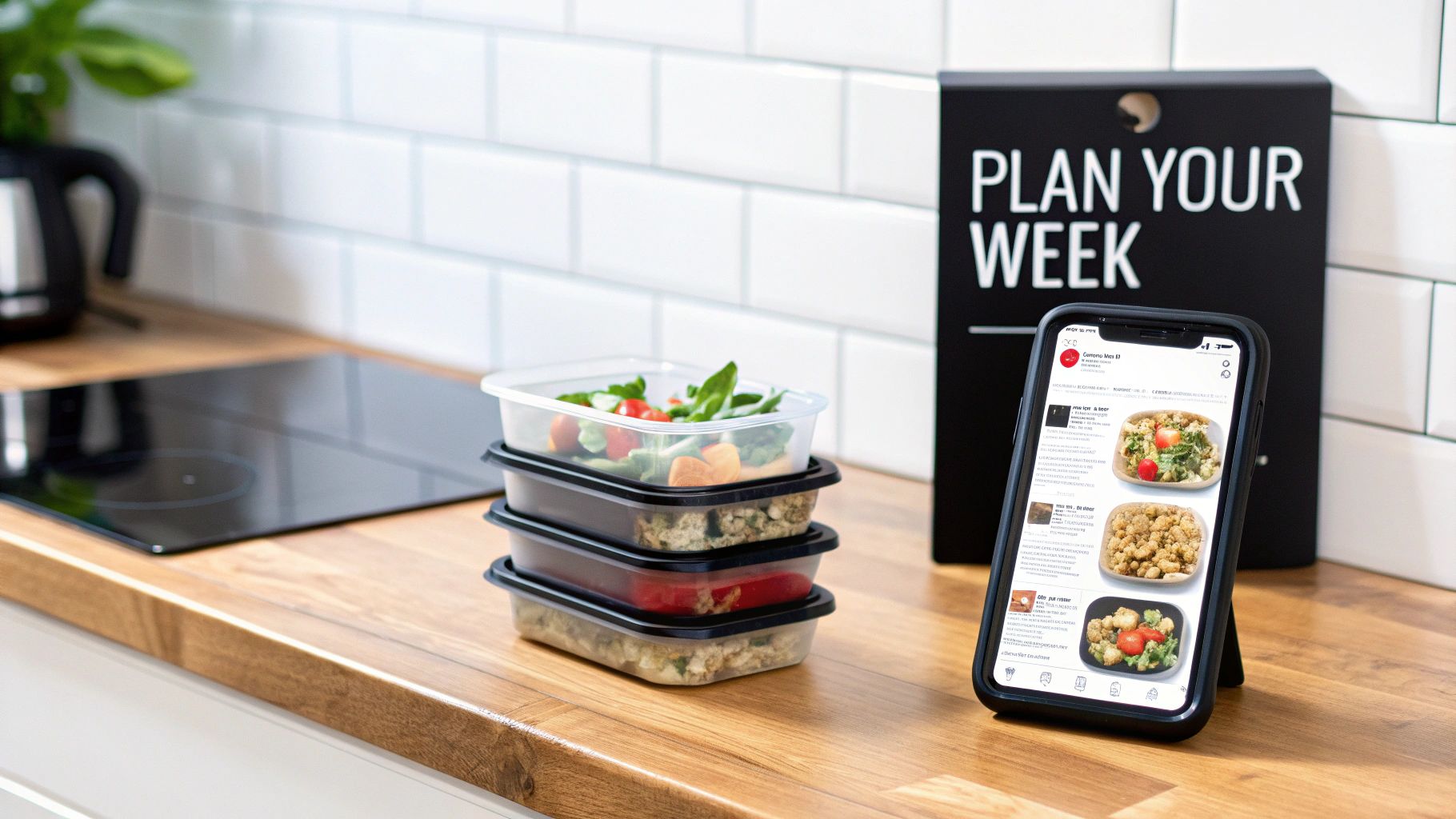 Stack of meal prep containers with a smartphone showing meal ideas on a kitchen counter, promoting weekly planning.